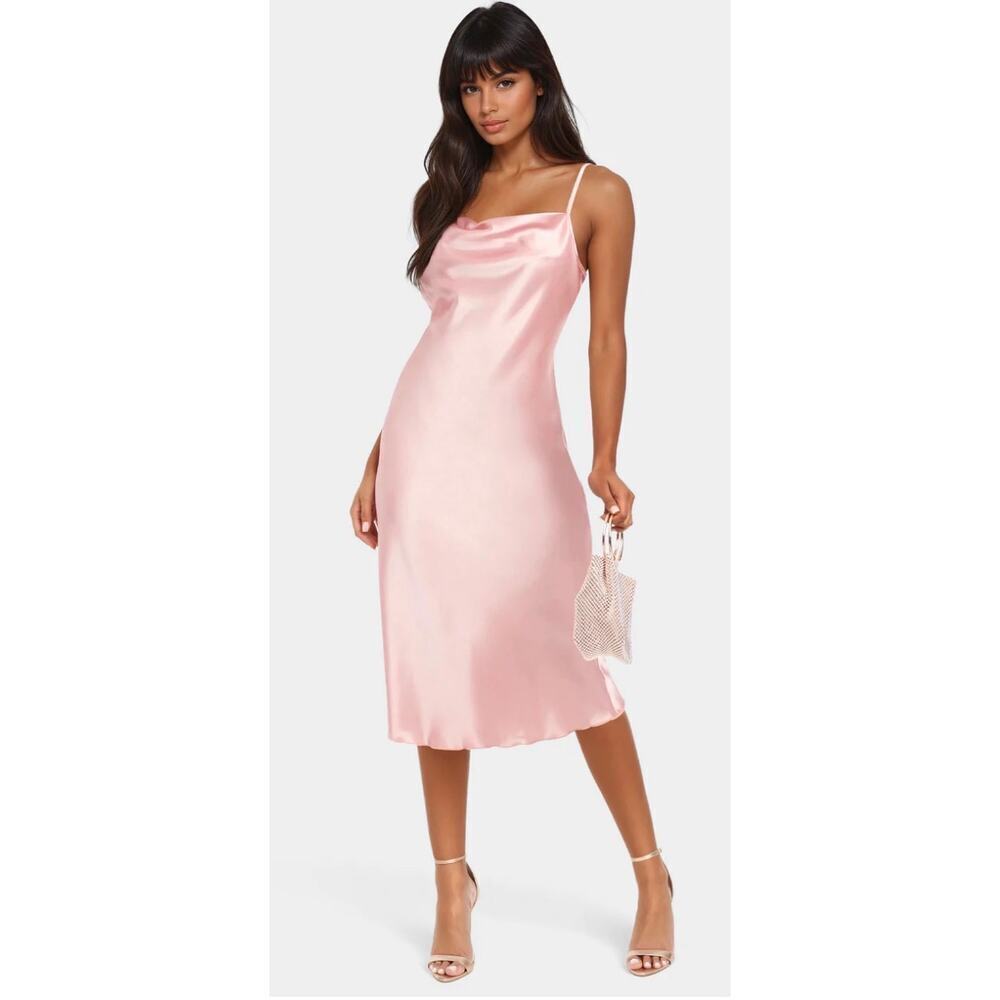 bebe NEW Satin Cowl Neck Midi Slip Dress Size Large Pink Date Night NWT